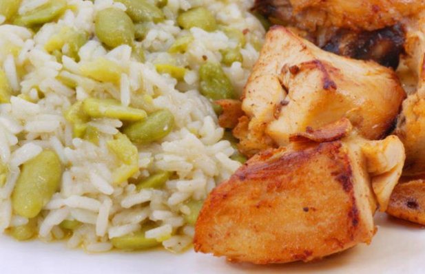 Portuguese Fava Beans Rice with Fried Chicken